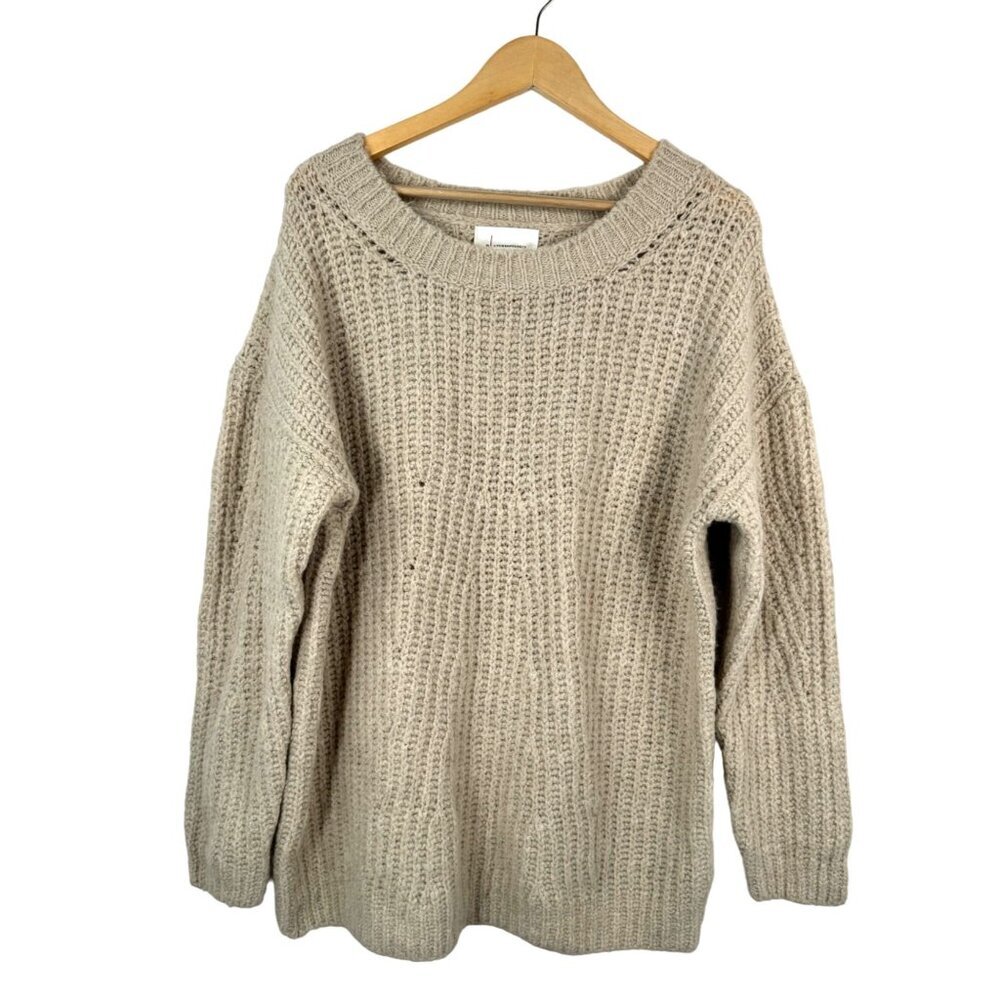 Anthropologie Wool blend distressed oversized chunky knit sweater cream‎ sz M